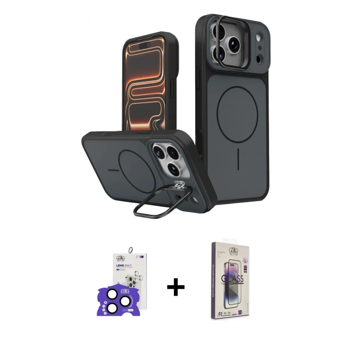 MARSİLYAN™- iPhone 17 Pro Max Kılıf İz Modern Prime - Siyah Bilvis 3D Cam Ekran Koruyucu + Bilvis Titan Kamera Lens - LT