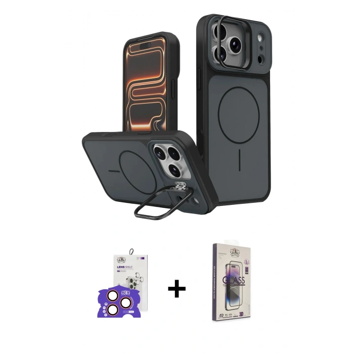 MARSİLYAN™- iPhone 17 Pro Max Kılıf İz Modern Prime - Siyah Bilvis 3D Cam Ekran Koruyucu + Turuncu Bilvis Titan Kamera Lens