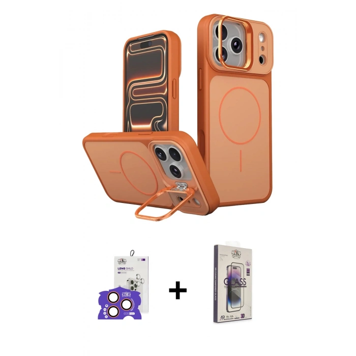 MARSİLYAN™- iPhone 17 Pro Max Kılıf İz Modern Prime - Siyah Bilvis 3D Cam Ekran Koruyucu + Turuncu Bilvis Titan Kamera Lens