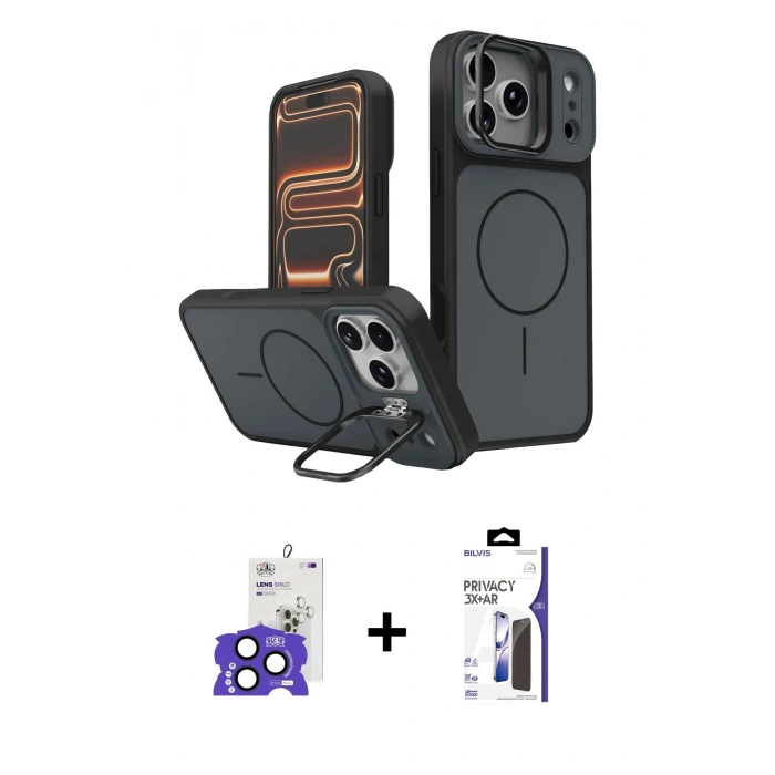 MARSİLYAN™- iPhone 17 Pro Max Kılıf İz Modern Prime - Siyah Bilvis 3X AR Hayalet Cam Ekran Koruyucu + Bilvis Titan Kamera Lens - LT
