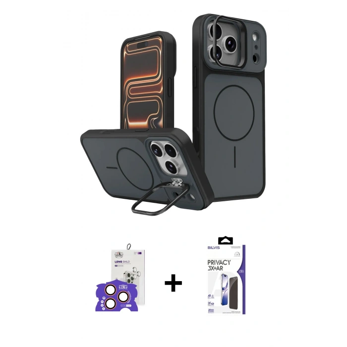 MARSİLYAN™- iPhone 17 Pro Max Kılıf İz Modern Prime - Siyah Bilvis 3X AR Hayalet Cam Ekran Koruyucu + Bilvis Titan Kamera Lens - TU