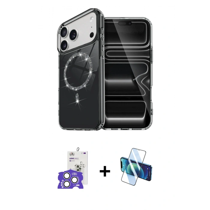 MARSİLYAN™- iPhone 17 Pro Max Kılıf Kıvılcım Form Prime - Siyah 3D Antistatik Cam Ekran Koruyucu + Bilvis Titan Kamera Lens - GS
