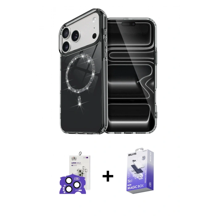MARSİLYAN™- iPhone 17 Pro Max Kılıf Kıvılcım Form Prime - Siyah Bilvis 5in1 5D Magic Hayalet Cam Ekran Koruyucu + Bilvis Titan Kamera Lens - LT