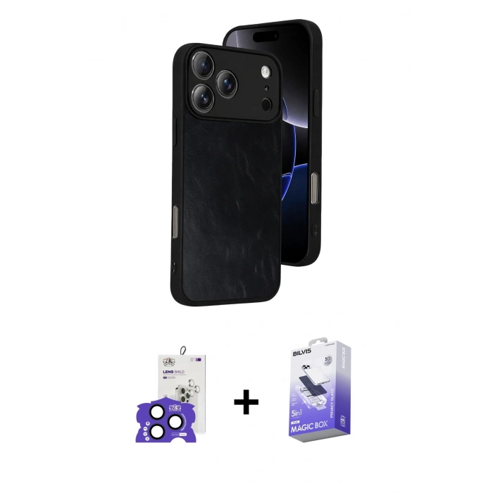 MARSİLYAN™- iPhone 17 Pro Max Kılıf Kıvılcım Işık Serisi - Siyah Bilvis 5in1 5D Magic Hayalet Cam Ekran Koruyucu + Bilvis Titan Kamera Lens - LT