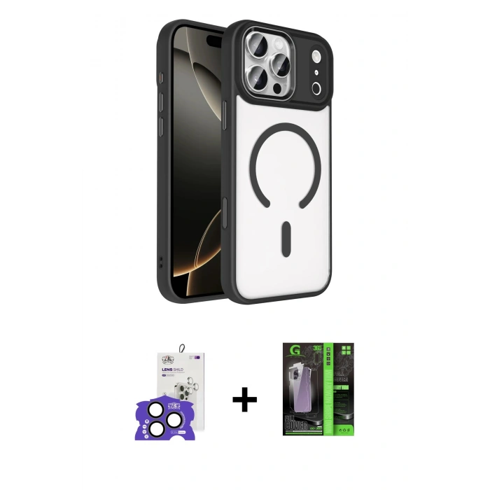 MARSİLYAN™- iPhone 17 Pro Max Kılıf Kıvılcım Prime - Siyah 360 Mat Full Body Arka Koruyucu + Natural Grey Bilvis Titan Kamera Lens