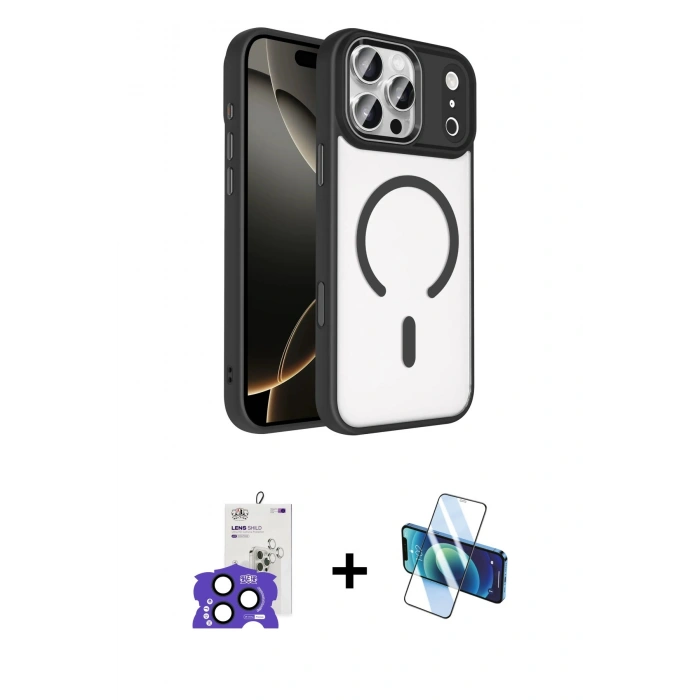 MARSİLYAN™- iPhone 17 Pro Max Kılıf Kıvılcım Prime - Siyah 3D Antistatik Cam Ekran Koruyucu + Bilvis Titan Kamera Lens - LT