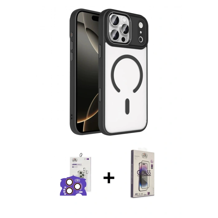 MARSİLYAN™- iPhone 17 Pro Max Kılıf Kıvılcım Prime - Siyah Bilvis 3D Cam Ekran Koruyucu + Bilvis Titan Kamera Lens - TU