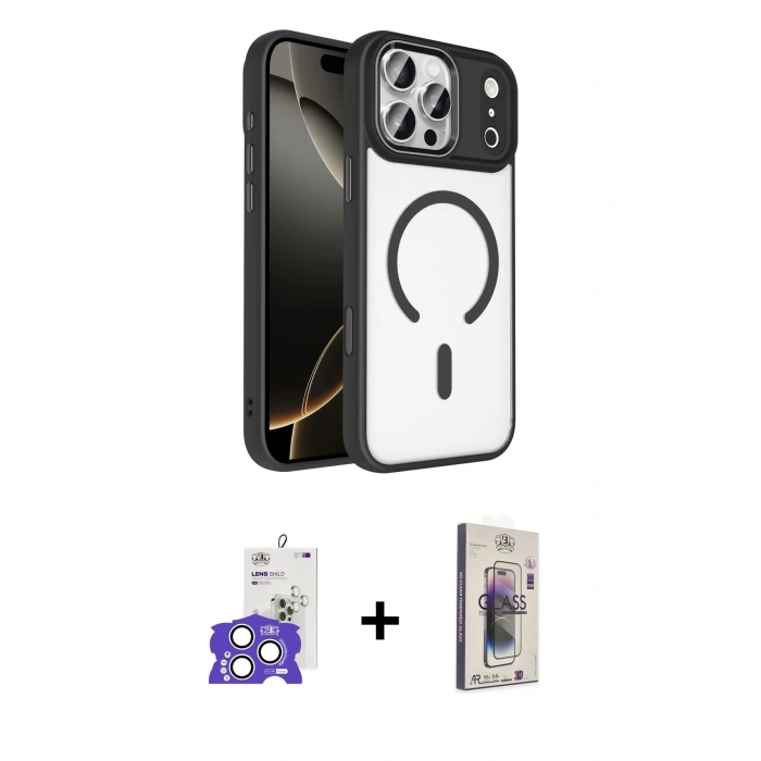 MARSİLYAN™- iPhone 17 Pro Max Kılıf Kıvılcım Prime - Siyah Bilvis 3D Cam Ekran Koruyucu + Gümüş Bilvis Titan Kamera Lens