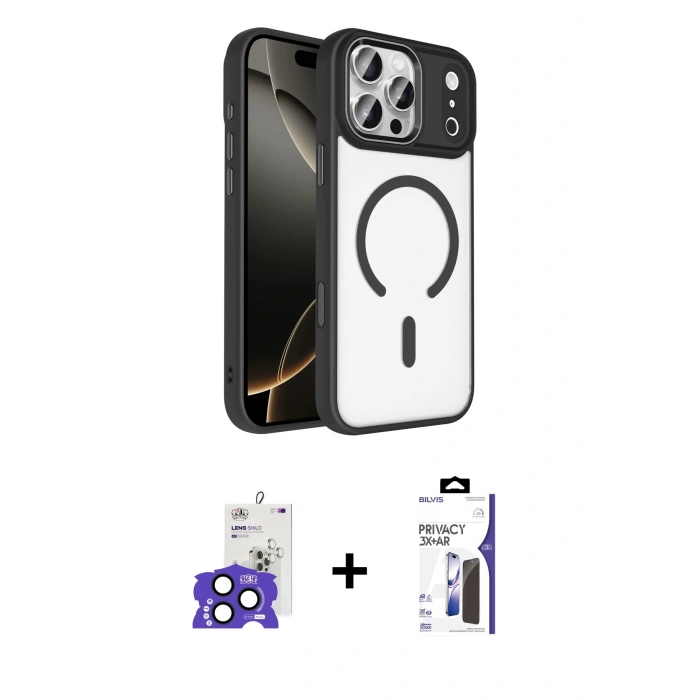 MARSİLYAN™- iPhone 17 Pro Max Kılıf Kıvılcım Prime - Siyah Bilvis 3X AR Hayalet Cam Ekran Koruyucu + Bilvis Titan Kamera Lens - LT