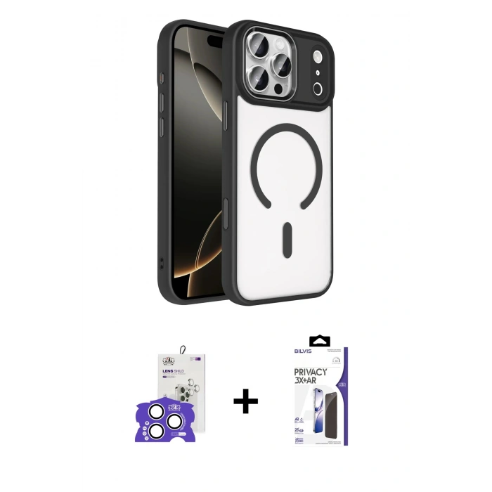 MARSİLYAN™- iPhone 17 Pro Max Kılıf Kıvılcım Prime - Siyah Bilvis 3X AR Hayalet Cam Ekran Koruyucu + Bilvis Titan Kamera Lens - GS
