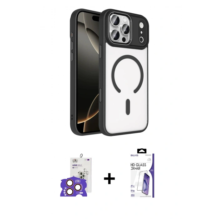 MARSİLYAN™- iPhone 17 Pro Max Kılıf Kıvılcım Prime - Siyah Bilvis 3X AR HD Cam Ekran Koruyucu + Bilvis Titan Kamera Lens - TU