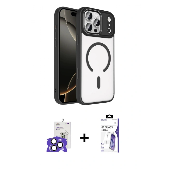 MARSİLYAN™- iPhone 17 Pro Max Kılıf Kıvılcım Prime - Siyah Bilvis 3X AR HD Cam Ekran Koruyucu + Bilvis Titan Kamera Lens - NLGY