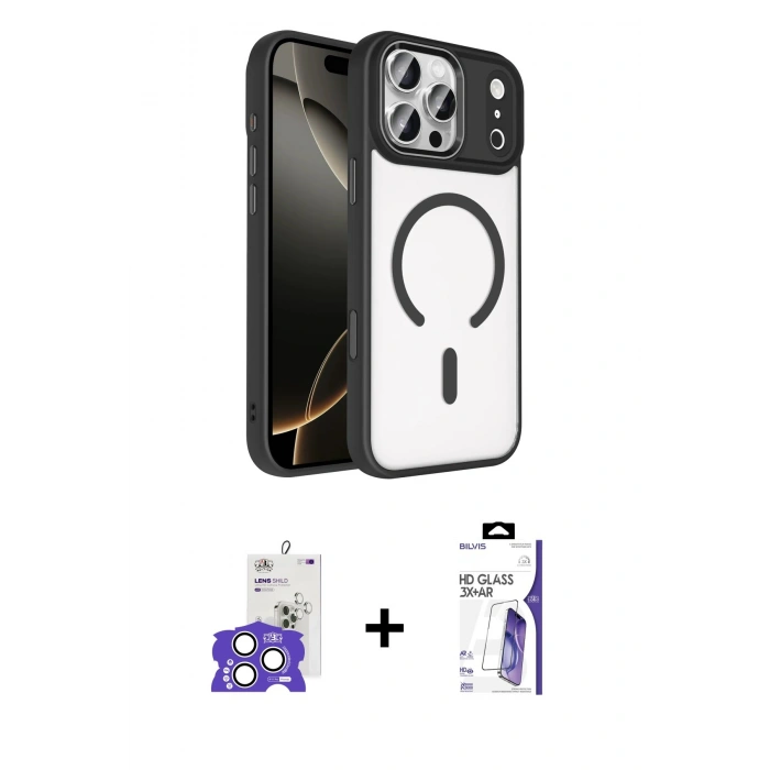 MARSİLYAN™- iPhone 17 Pro Max Kılıf Kıvılcım Prime - Siyah Bilvis 3X AR HD Cam Ekran Koruyucu + Bilvis Titan Kamera Lens - GS