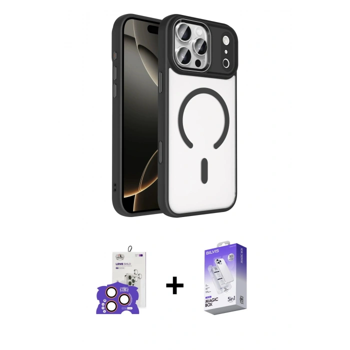 MARSİLYAN™- iPhone 17 Pro Max Kılıf Kıvılcım Prime - Siyah Bilvis 5in1 3D Magic Cam Ekran Koruyucu + Bilvis Titan Kamera Lens - TU
