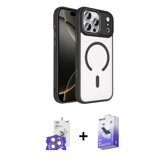 MARSİLYAN™- iPhone 17 Pro Max Kılıf Kıvılcım Prime - Siyah Bilvis 5in1 5D Magic Hayalet Cam Ekran Koruyucu + Gümüş Bilvis Titan Kamera Lens