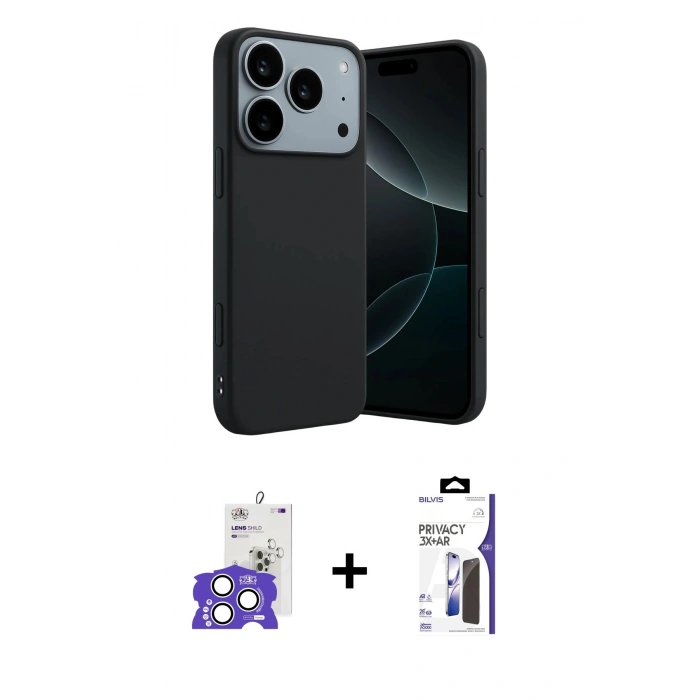 MARSİLYAN™- iPhone 17 Pro Max Kılıf Kozmos Yansıma Özel Seri - Siyah Bilvis 3X AR Hayalet Cam Ekran Koruyucu + Bilvis Titan Kamera Lens - GS
