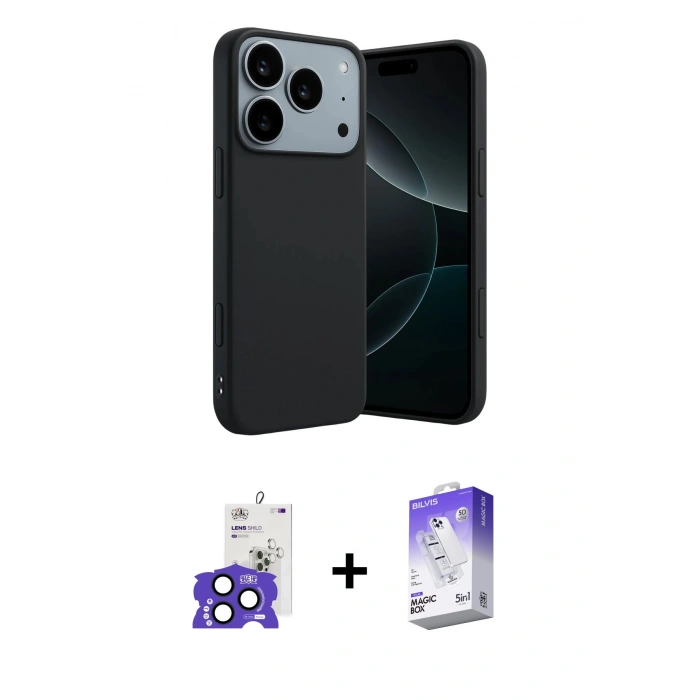 MARSİLYAN™- iPhone 17 Pro Max Kılıf Kozmos Yansıma Özel Seri - Siyah Bilvis 5in1 3D Magic Cam Ekran Koruyucu + Bilvis Titan Kamera Lens - LT