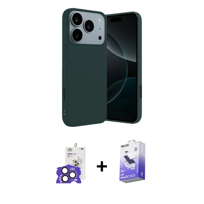 MARSİLYAN™- iPhone 17 Pro Max Kılıf Kozmos Yansıma Özel Seri - Siyah Bilvis 5in1 5D Magic Hayalet Cam Ekran Koruyucu + Bilvis Titan Kamera Lens - NLGY