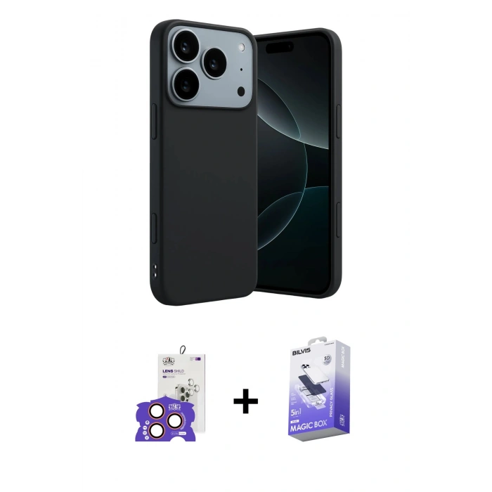 MARSİLYAN™- iPhone 17 Pro Max Kılıf Kozmos Yansıma Özel Seri - Siyah Bilvis 5in1 5D Magic Hayalet Cam Ekran Koruyucu + Bilvis Titan Kamera Lens - TU