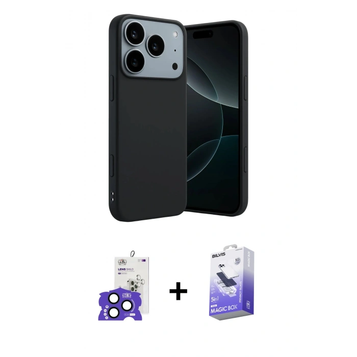 MARSİLYAN™- iPhone 17 Pro Max Kılıf Kozmos Yansıma Özel Seri - Siyah Bilvis 5in1 5D Magic Hayalet Cam Ekran Koruyucu + Bilvis Titan Kamera Lens - LT