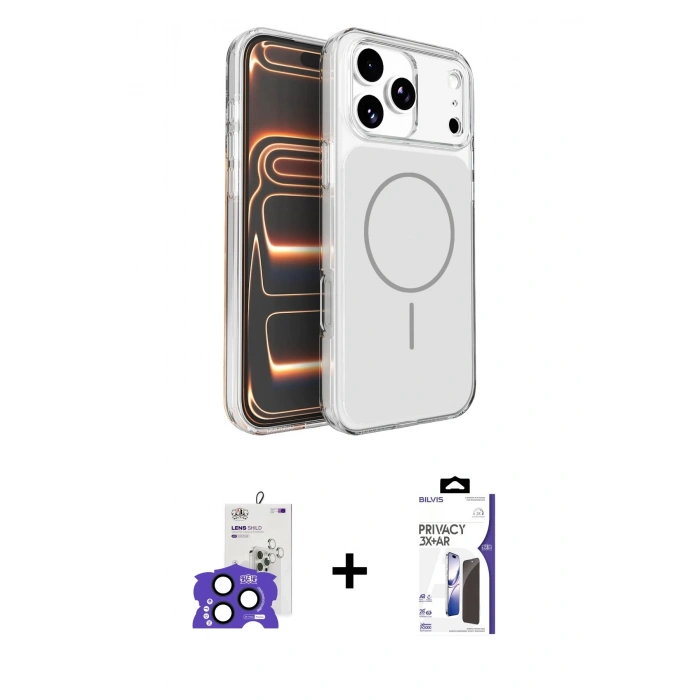 MARSİLYAN™- iPhone 17 Pro Max Kılıf Kutup Doku Serisi - Siyah Bilvis 3X AR Hayalet Cam Ekran Koruyucu + Bilvis Titan Kamera Lens - LT