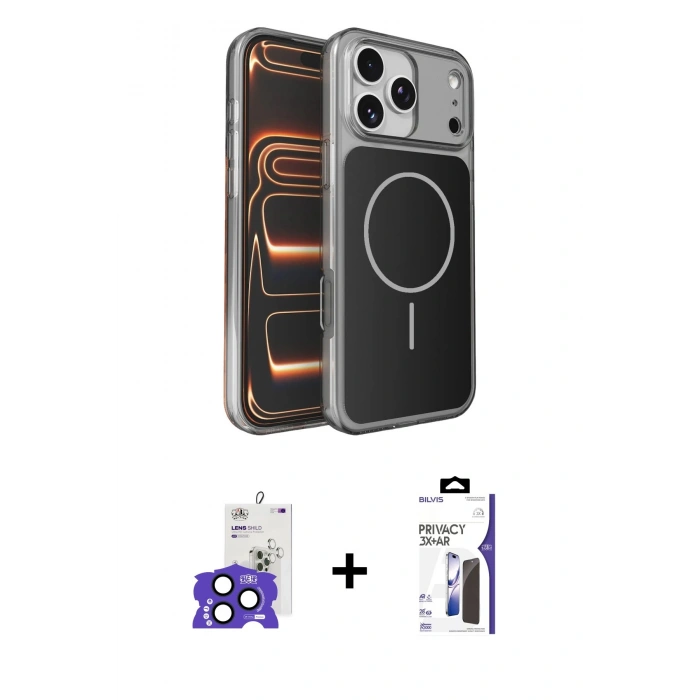 MARSİLYAN™- iPhone 17 Pro Max Kılıf Kutup Doku Serisi - Siyah Bilvis 3X AR Hayalet Cam Ekran Koruyucu + Bilvis Titan Kamera Lens - LT