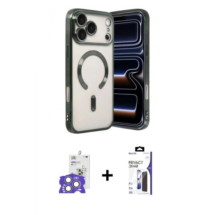 MARSİLYAN™- iPhone 17 Pro Max Kılıf Nova Işık Özel Seri - Siyah Bilvis 3X AR Hayalet Cam Ekran Koruyucu + Bilvis Titan Kamera Lens - GS