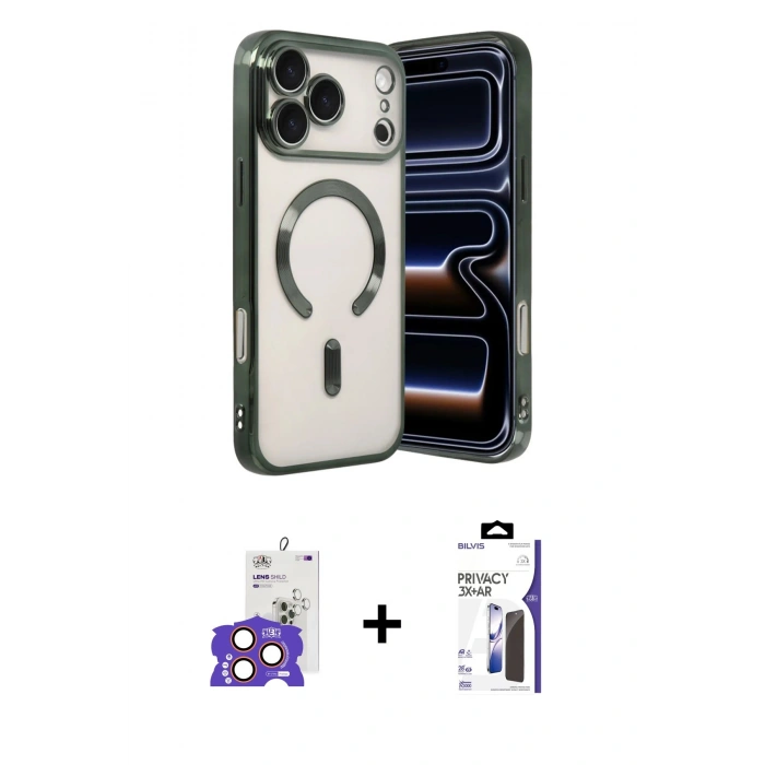 MARSİLYAN™- iPhone 17 Pro Max Kılıf Nova Işık Özel Seri - Siyah Bilvis 3X AR Hayalet Cam Ekran Koruyucu + Bilvis Titan Kamera Lens - TU
