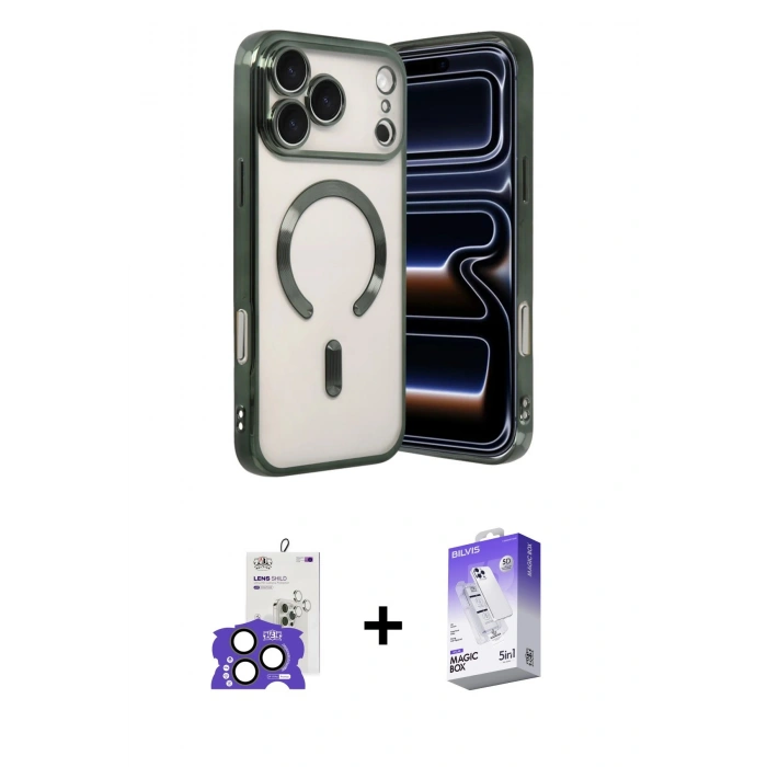 MARSİLYAN™- iPhone 17 Pro Max Kılıf Nova Işık Özel Seri - Siyah Bilvis 5in1 3D Magic Cam Ekran Koruyucu + Natural Grey Bilvis Titan Kamera Lens