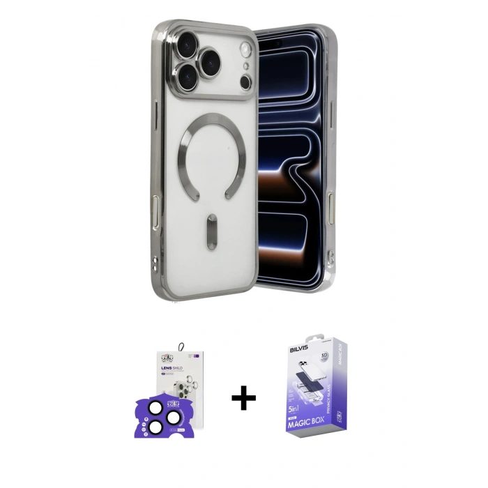 MARSİLYAN™- iPhone 17 Pro Max Kılıf Nova Işık Özel Seri - Siyah Bilvis 5in1 5D Magic Hayalet Cam Ekran Koruyucu + Bilvis Titan Kamera Lens - LT