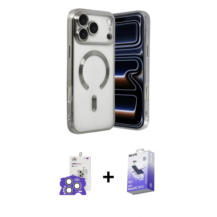 MARSİLYAN™- iPhone 17 Pro Max Kılıf Nova Işık Özel Seri - Siyah Bilvis 5in1 5D Magic Hayalet Cam Ekran Koruyucu + Bilvis Titan Kamera Lens - GS