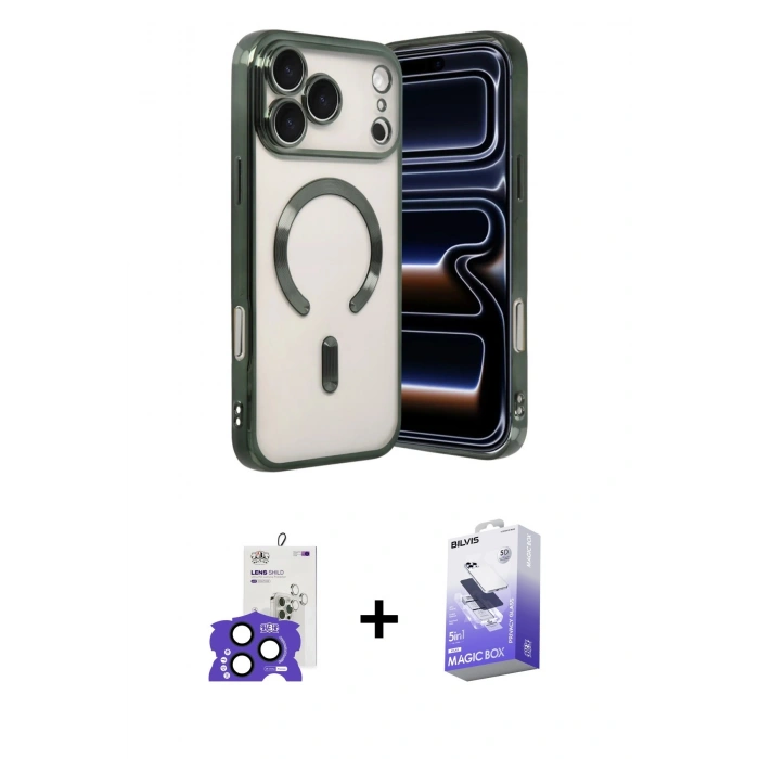 MARSİLYAN™- iPhone 17 Pro Max Kılıf Nova Işık Özel Seri - Siyah Bilvis 5in1 5D Magic Hayalet Cam Ekran Koruyucu + Bilvis Titan Kamera Lens - LT