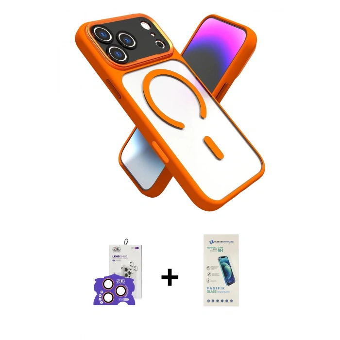 MARSİLYAN™- iPhone 17 Pro Max Kılıf Nova Yansıma Serisi - Şeffaf Pasifik Cam Ekran Koruyucu + Turuncu Bilvis Titan Kamera Lens