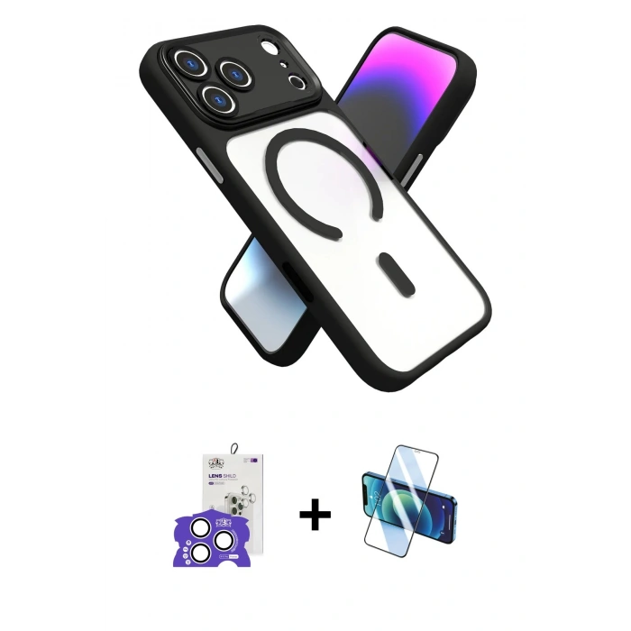 MARSİLYAN™- iPhone 17 Pro Max Kılıf Nova Yansıma Serisi - Siyah 3D Antistatik Cam Ekran Koruyucu + Bilvis Titan Kamera Lens - GS