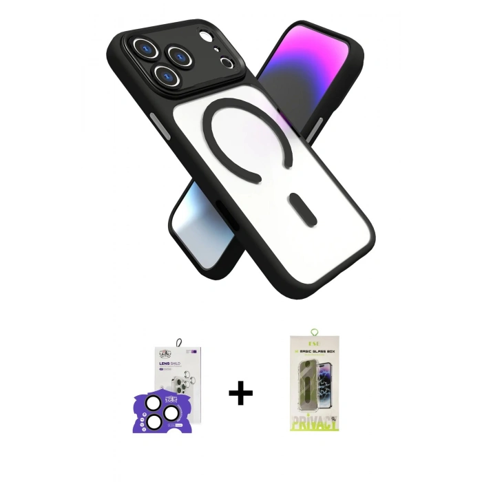MARSİLYAN™- iPhone 17 Pro Max Kılıf Nova Yansıma Serisi - Siyah Joko Magic 5D Hayalet Cam + Natural Grey Bilvis Titan Kamera Lens