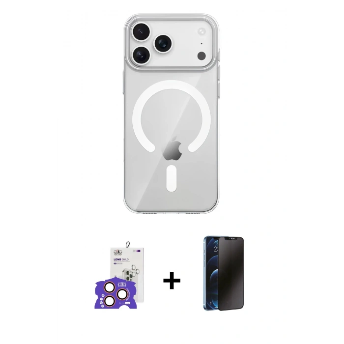 MARSİLYAN™- iPhone 17 Pro Max Kılıf Pusula Form Özel Seri - Siyah 3D Antistatik Hayalet Cam Ekran Koruyucu + Bilvis Titan Kamera Lens - TU