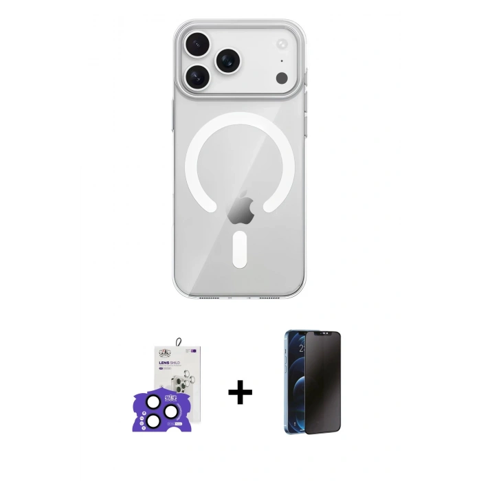 MARSİLYAN™- iPhone 17 Pro Max Kılıf Pusula Form Özel Seri - Siyah 3D Antistatik Hayalet Cam Ekran Koruyucu + Bilvis Titan Kamera Lens - LT