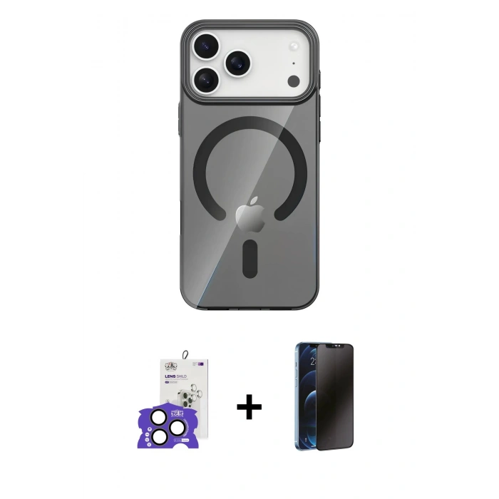 MARSİLYAN™- iPhone 17 Pro Max Kılıf Pusula Form Özel Seri - Siyah 3D Antistatik Hayalet Cam Ekran Koruyucu + Bilvis Titan Kamera Lens - NLGY