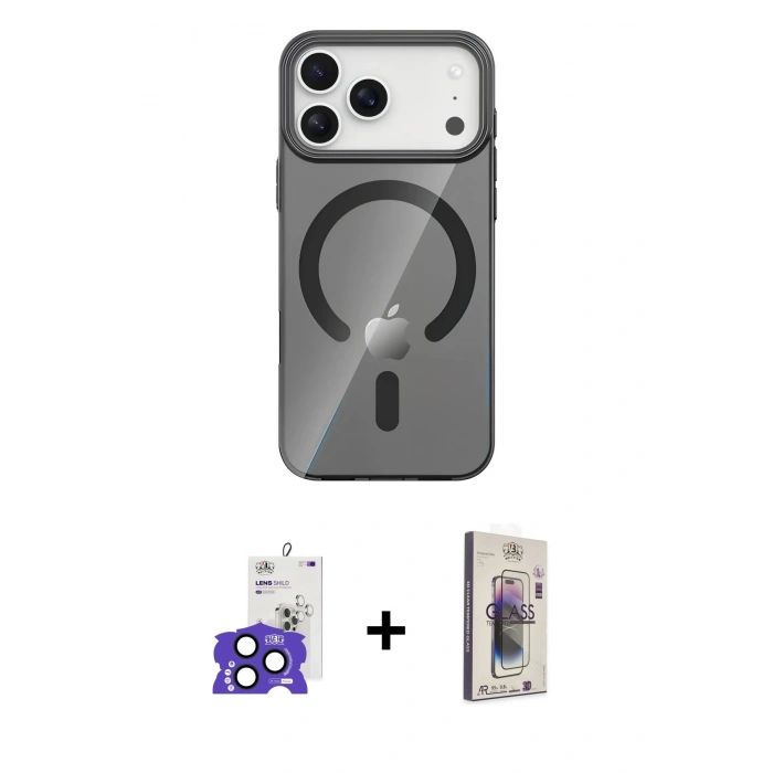 MARSİLYAN™- iPhone 17 Pro Max Kılıf Pusula Form Özel Seri - Siyah Bilvis 3D Cam Ekran Koruyucu + Bilvis Titan Kamera Lens - LT