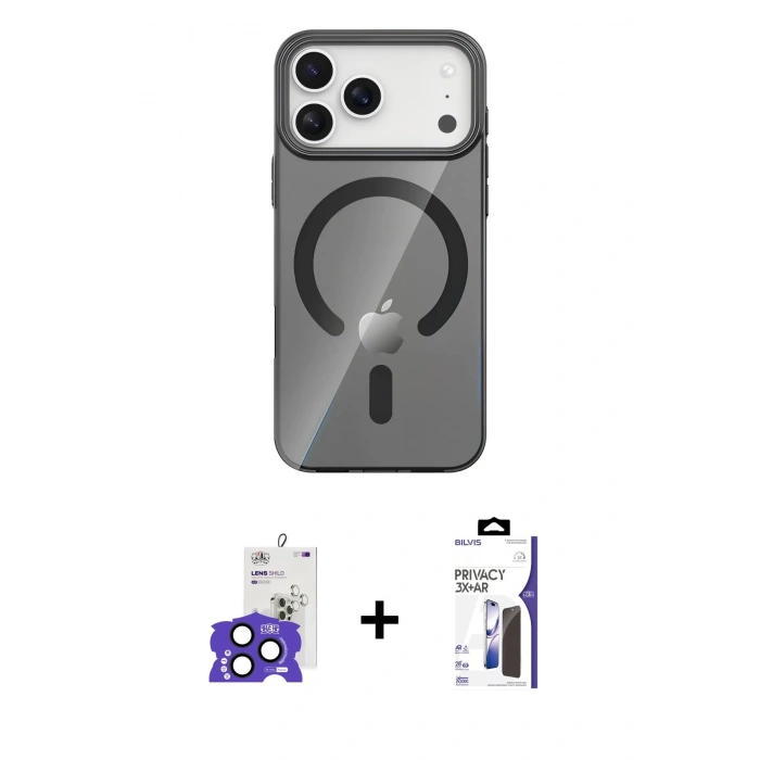 MARSİLYAN™- iPhone 17 Pro Max Kılıf Pusula Form Özel Seri - Siyah Bilvis 3X AR Hayalet Cam Ekran Koruyucu + Bilvis Titan Kamera Lens - LT