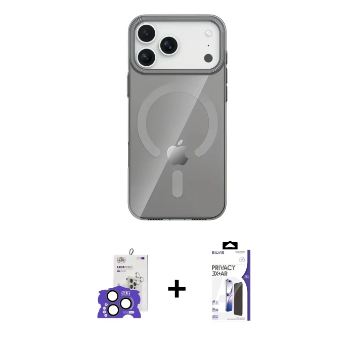 MARSİLYAN™- iPhone 17 Pro Max Kılıf Pusula Form Özel Seri - Siyah Bilvis 3X AR Hayalet Cam Ekran Koruyucu + Bilvis Titan Kamera Lens - NLGY