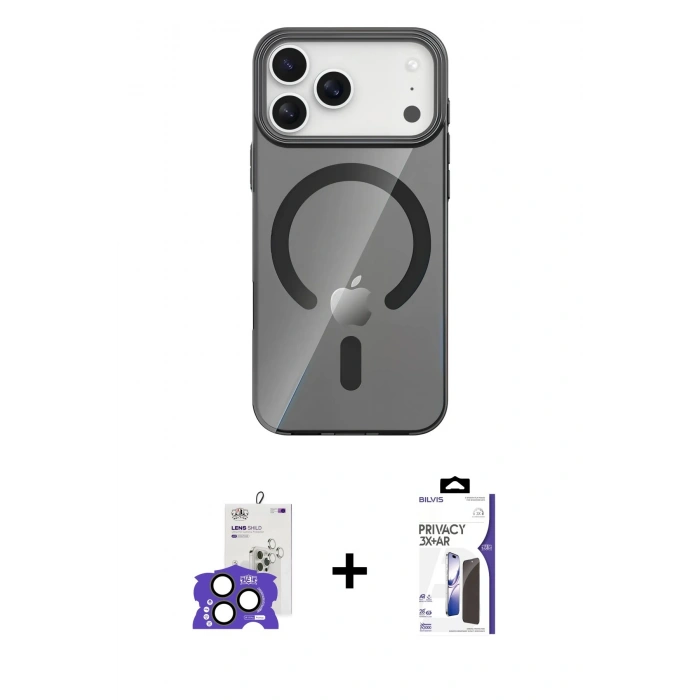 MARSİLYAN™- iPhone 17 Pro Max Kılıf Pusula Form Özel Seri - Siyah Bilvis 3X AR Hayalet Cam Ekran Koruyucu + Bilvis Titan Kamera Lens - NLGY