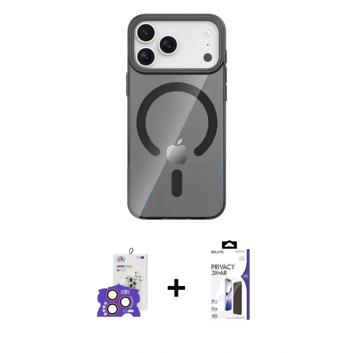 MARSİLYAN™- iPhone 17 Pro Max Kılıf Pusula Form Özel Seri - Siyah Bilvis 3X AR Hayalet Cam Ekran Koruyucu + Bilvis Titan Kamera Lens - TU