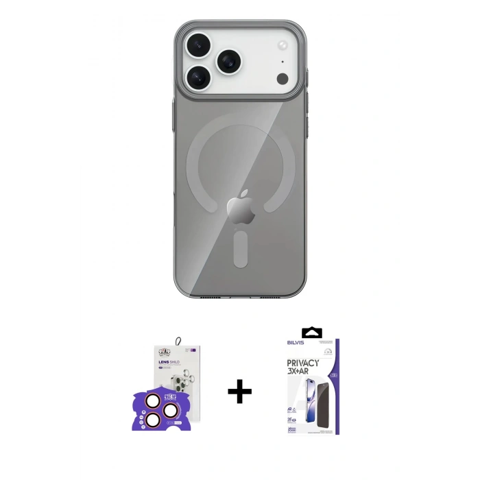 MARSİLYAN™- iPhone 17 Pro Max Kılıf Pusula Form Özel Seri - Siyah Bilvis 3X AR Hayalet Cam Ekran Koruyucu + Bilvis Titan Kamera Lens - TU