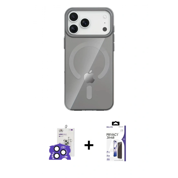 MARSİLYAN™- iPhone 17 Pro Max Kılıf Pusula Form Özel Seri - Siyah Bilvis 3X AR Hayalet Cam Ekran Koruyucu + Bilvis Titan Kamera Lens - LT