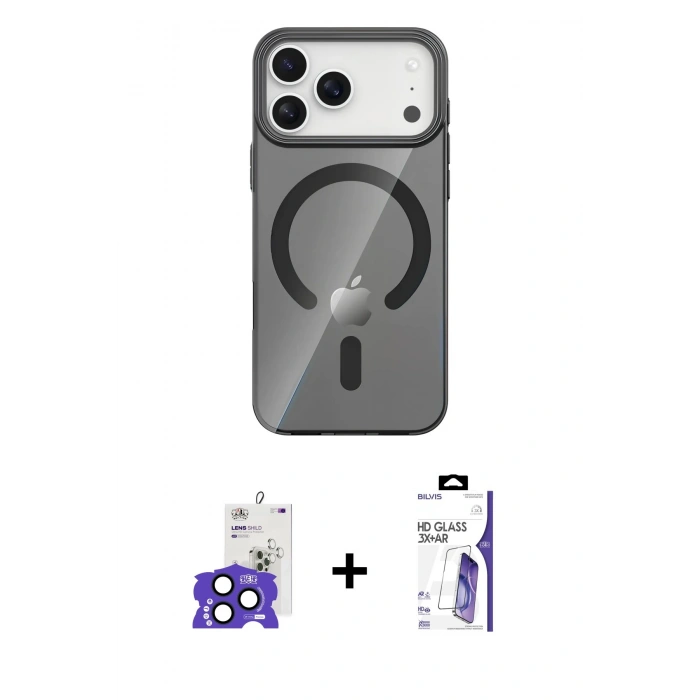 MARSİLYAN™- iPhone 17 Pro Max Kılıf Pusula Form Özel Seri - Siyah Bilvis 3X AR HD Cam Ekran Koruyucu + Bilvis Titan Kamera Lens - LT