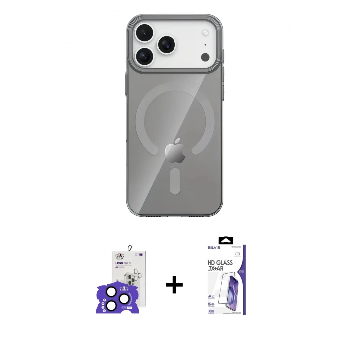 MARSİLYAN™- iPhone 17 Pro Max Kılıf Pusula Form Özel Seri - Siyah Bilvis 3X AR HD Cam Ekran Koruyucu + Bilvis Titan Kamera Lens - LT