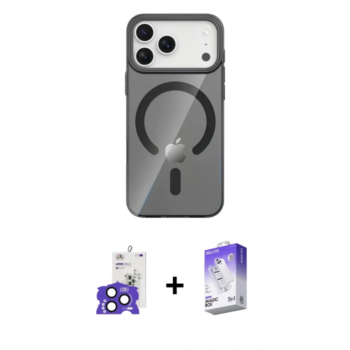 MARSİLYAN™- iPhone 17 Pro Max Kılıf Pusula Form Özel Seri - Siyah Bilvis 5in1 3D Magic Cam Ekran Koruyucu + Lacivert Bilvis Titan Kamera Lens