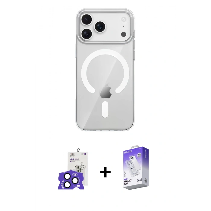 MARSİLYAN™- iPhone 17 Pro Max Kılıf Pusula Form Özel Seri - Siyah Bilvis 5in1 3D Magic Cam Ekran Koruyucu + Lacivert Bilvis Titan Kamera Lens