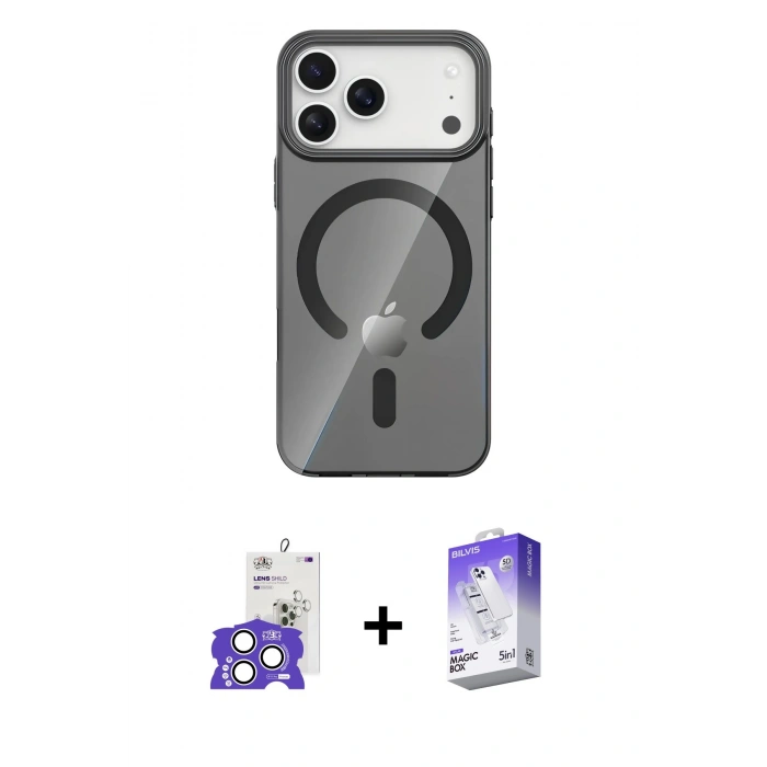 MARSİLYAN™- iPhone 17 Pro Max Kılıf Pusula Form Özel Seri - Siyah Bilvis 5in1 3D Magic Cam Ekran Koruyucu + Bilvis Titan Kamera Lens - GS